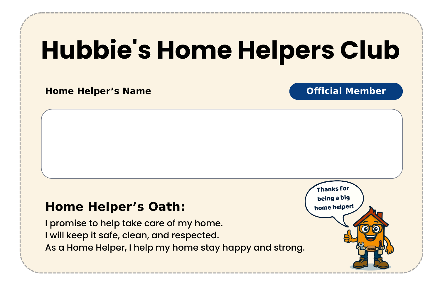 Hubbie's Home Helpers Club Membership Card